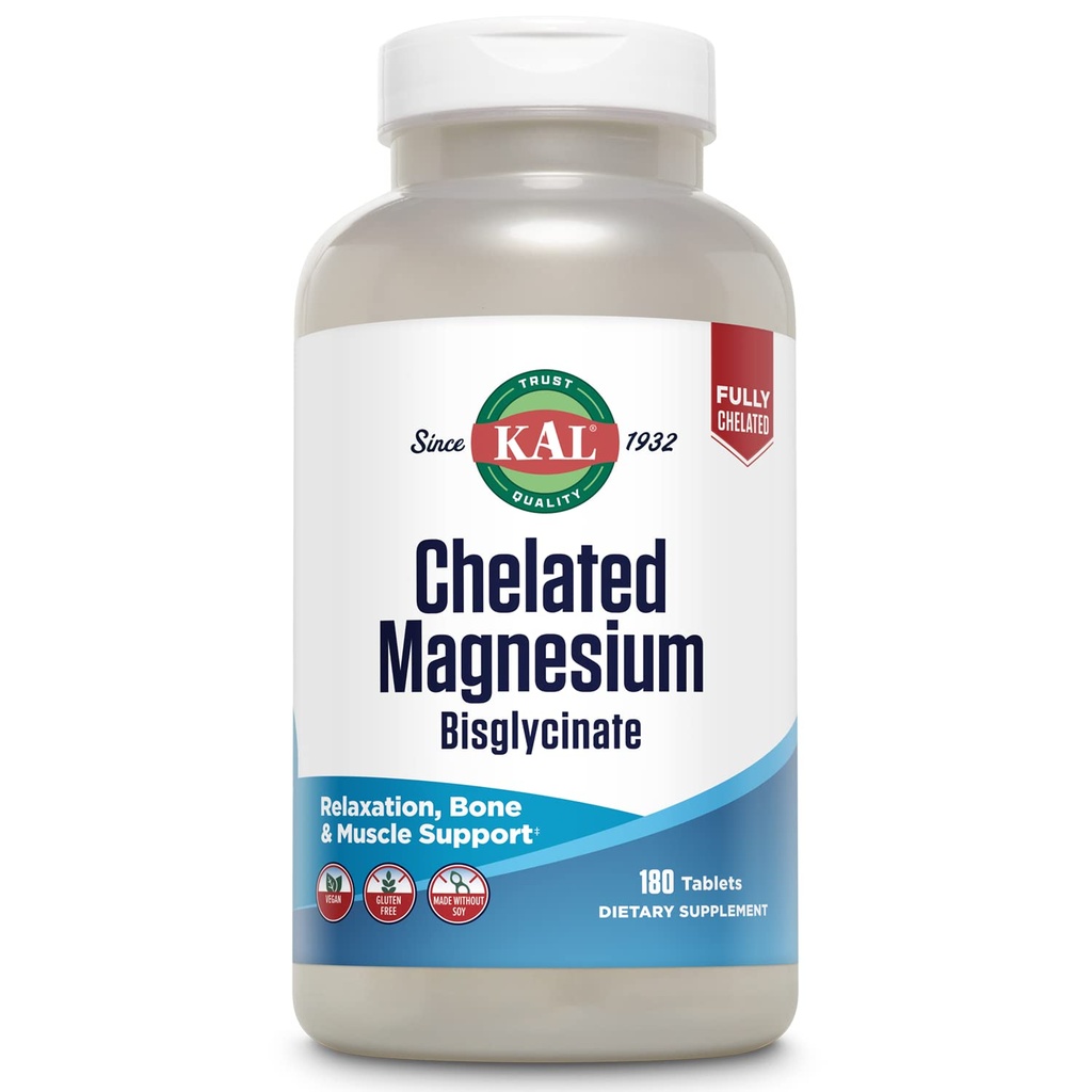 KAL Chelated Magnesium Bisglycinate, Magnesium תוסף להרגעה, בריאות העצם, Nerve & שרירים תמיכה *, High Absorption, Gentle Digest, Vegan, Gluten Free, 60 משרתים, 180 טבליות