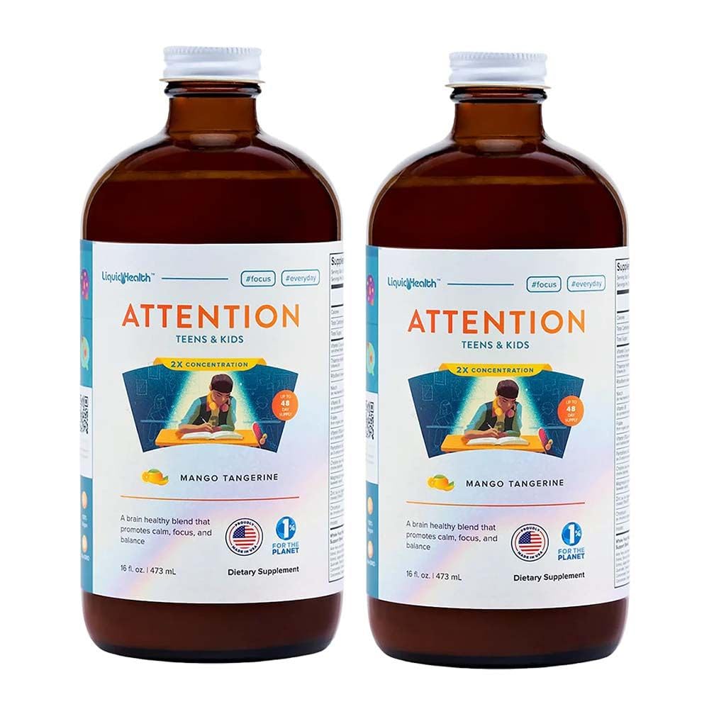 LIQUIDHEALTH Attention, Liquid Multivitamin for Kids & Teens - משפר את הזיכרון Retention, ריכוז, פוקוס, Mood, מרגיעה & Calming - Made in the USA, Great Taste, Vegan, Sugar-Free (2 Pack)
