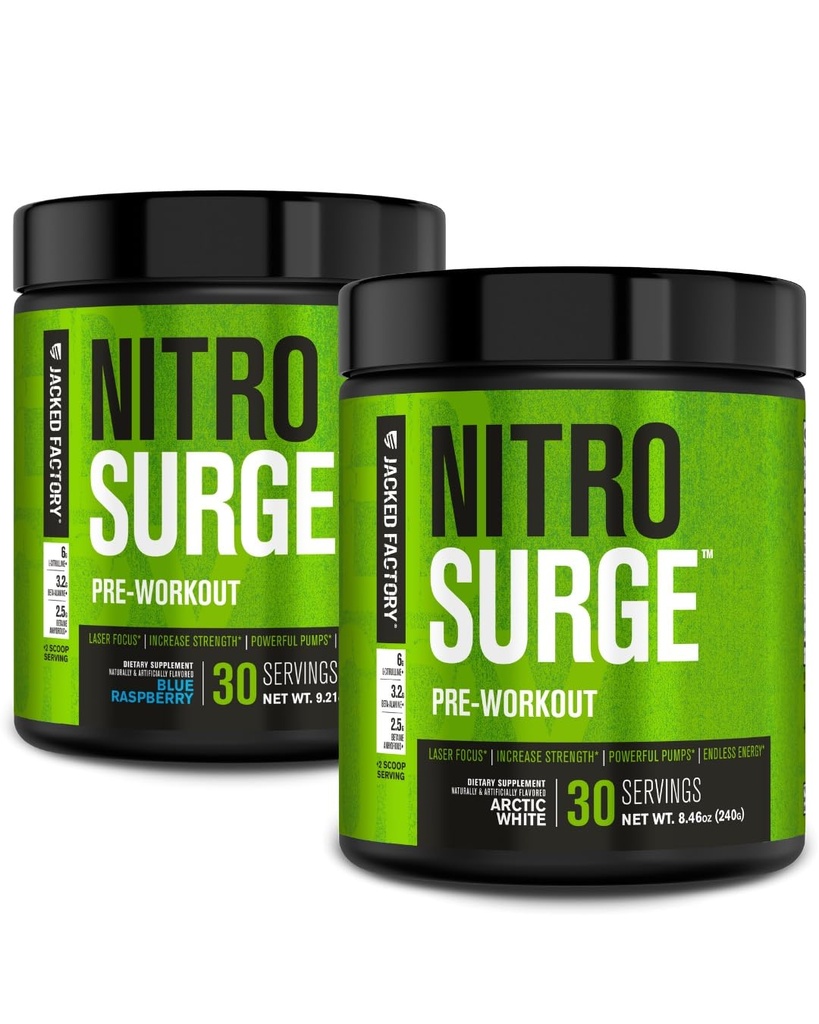 ג'ק מפעל NITROSURGE Pre Workout תוסף עבור אנרגיה, מקבלי כוח מיידי, Clear Focus, & Intense משאבות (בלום כחול, 30 משרתים & Arctic White, 30 משרתים)