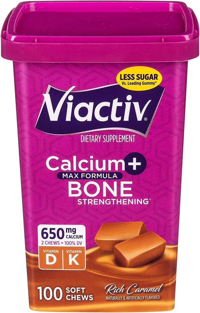 Viactiv מקס פורמולה Calcium +Vitamin D3 תוספת לבריאות העצם, ריצ' קארמל, 100 צ'יפס רך - 6 Pack