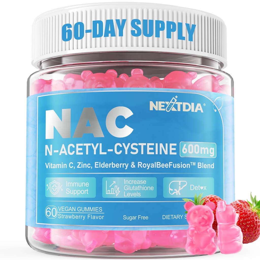 Nextdia NAC חניכיים לילדים ומבוגרים, Chewable N-Acetylsteine תוסף 600 מ"ג 1000 מ"ג w /Vitamin C, Zinc, Elderberry for Antioxidants & Immune Support, Lung & Liver Health, Sugar Free, 120 Ct
