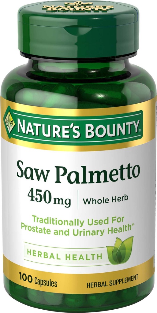 Nature's Bounty Saw Palmetto, Herbal Health, Prostate and Urinary Health, 450 מ"ג, 100 קפסולות