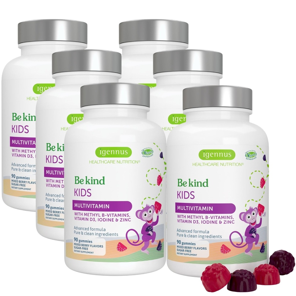 Igennus Methylated Kids Multivitamin Gummy, MTHFR, No artificial Sweeteners או Flavors, Sugar Free, Age 4, 90 Natural ברי פלפור מגלולה פירות, non-GMO, Halal, תווית נקייה x66