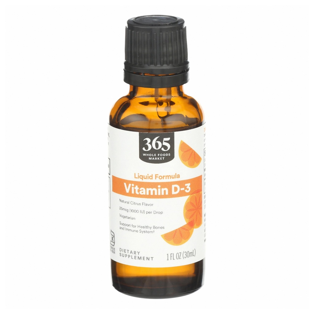 365 על ידי Whole Foods Market, ויטמין D-3 נוזלי Citrus Flavor 1000IU, 1 OZ