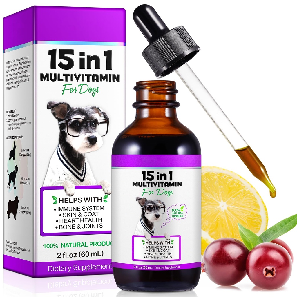 כלב Multivitamin, 15 ב 1 כלב Multivitamin נוזל טיפות תוספי מזון, ויטמינים לכלבים לבריאות הלב, העצמות, Joint, Skin & Coat, Bladder, Immune System Support 60 מ"ל