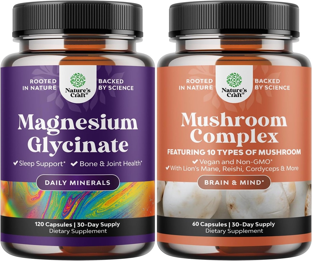 Bundle של Magnesium Glycinate קפסולות מינרלים ו Nootropic המוח להתמקד Mushroom - Immune Support Bone Health Mood תמיכה - 10X Mushroom ל Sugar Balance ו- Mental Focus