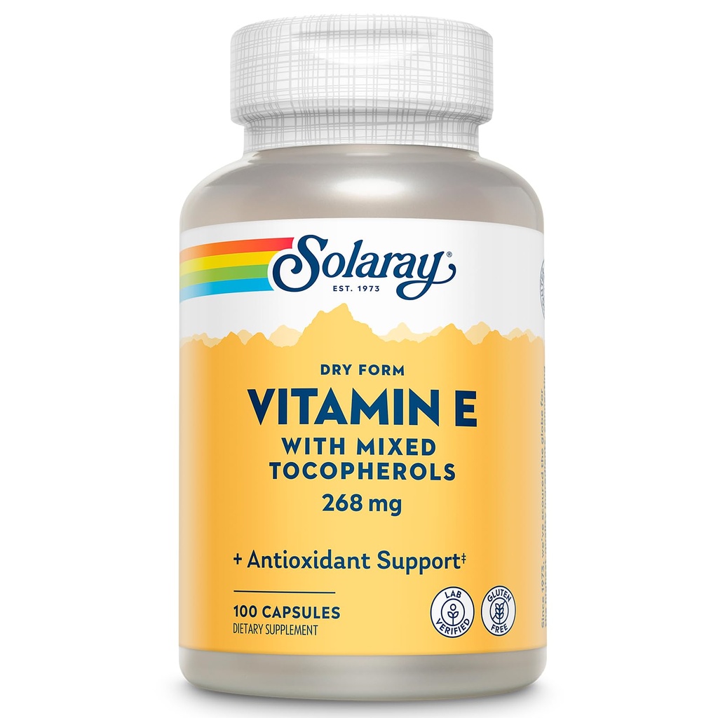 SOLAרי ויטמין E 400 IU (268mg), טופס יבש - מקור טבעי, מעורב Tocopherols ויטמין E - Antioxidant תוסף, PMS ו- Menopause תמיכה - 60 יום ערבות, מעבדה מאומתת - 100 משרת, 100 קפסולות