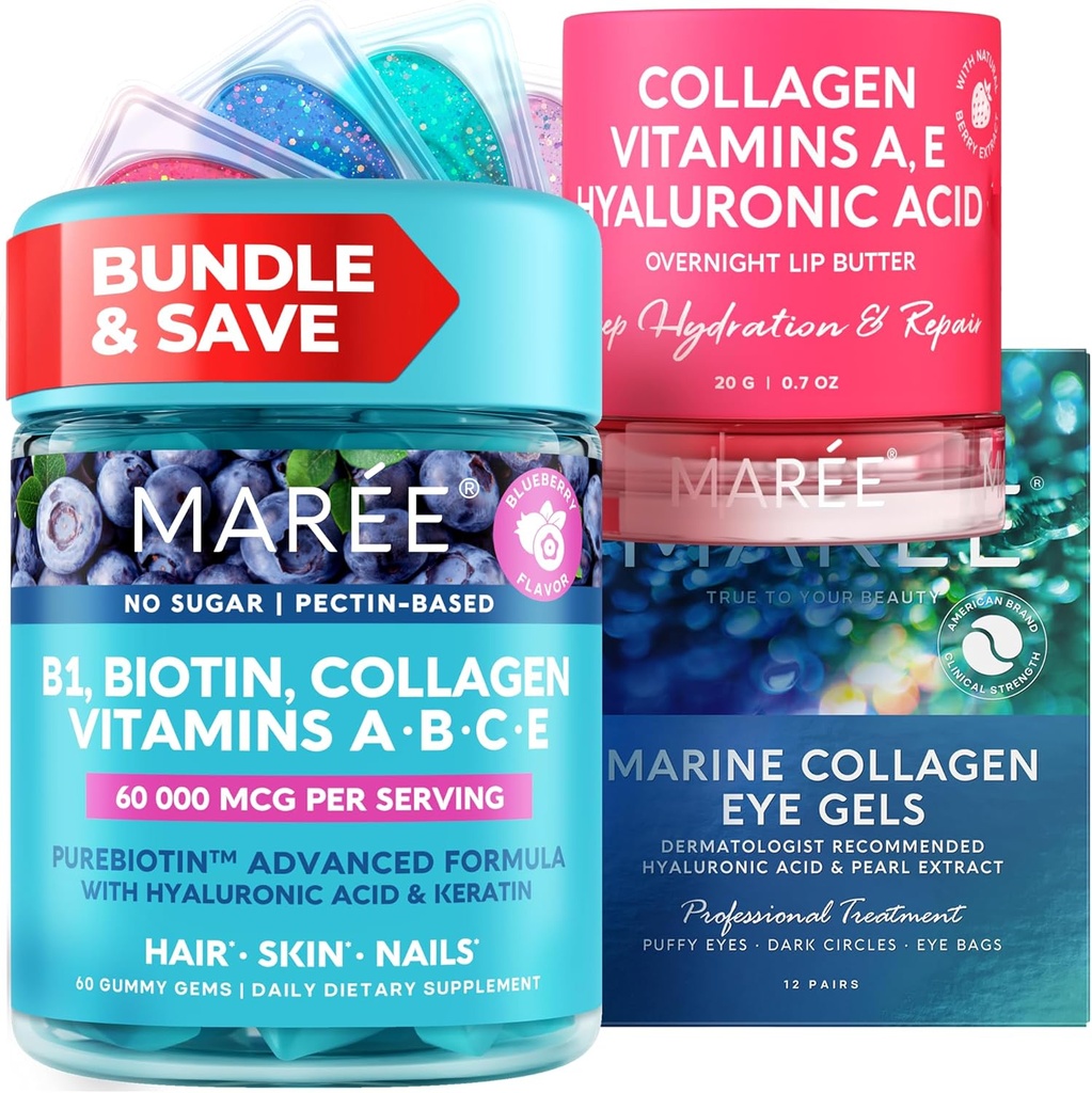 MAREE Bundle - ויטמין B1 Thiamine Gummies, Lip Mask, Under Eye Gels - A, E, D, C ויטמין - Collagen & Hyaluronic Acid - Complex for Skin, Nails, Hair - Mask for Dry Lips - Gels for Puffy Eyes