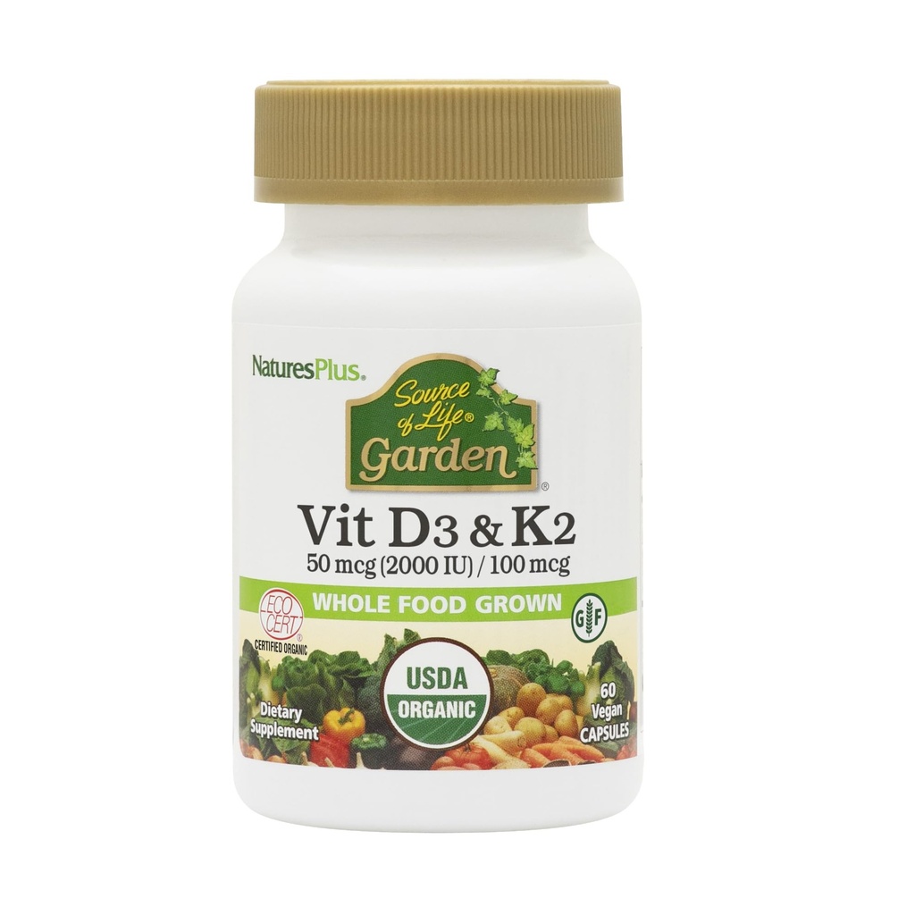 Natures Plus Source of Life Garden ויטמין D3 & K2-60 קפסולות טבעוניות - מקדם תמיכה העצם, Immune function, Cardiovascular Health & Mood Balance - טבעוני, Gluten Free - 60 משרתים