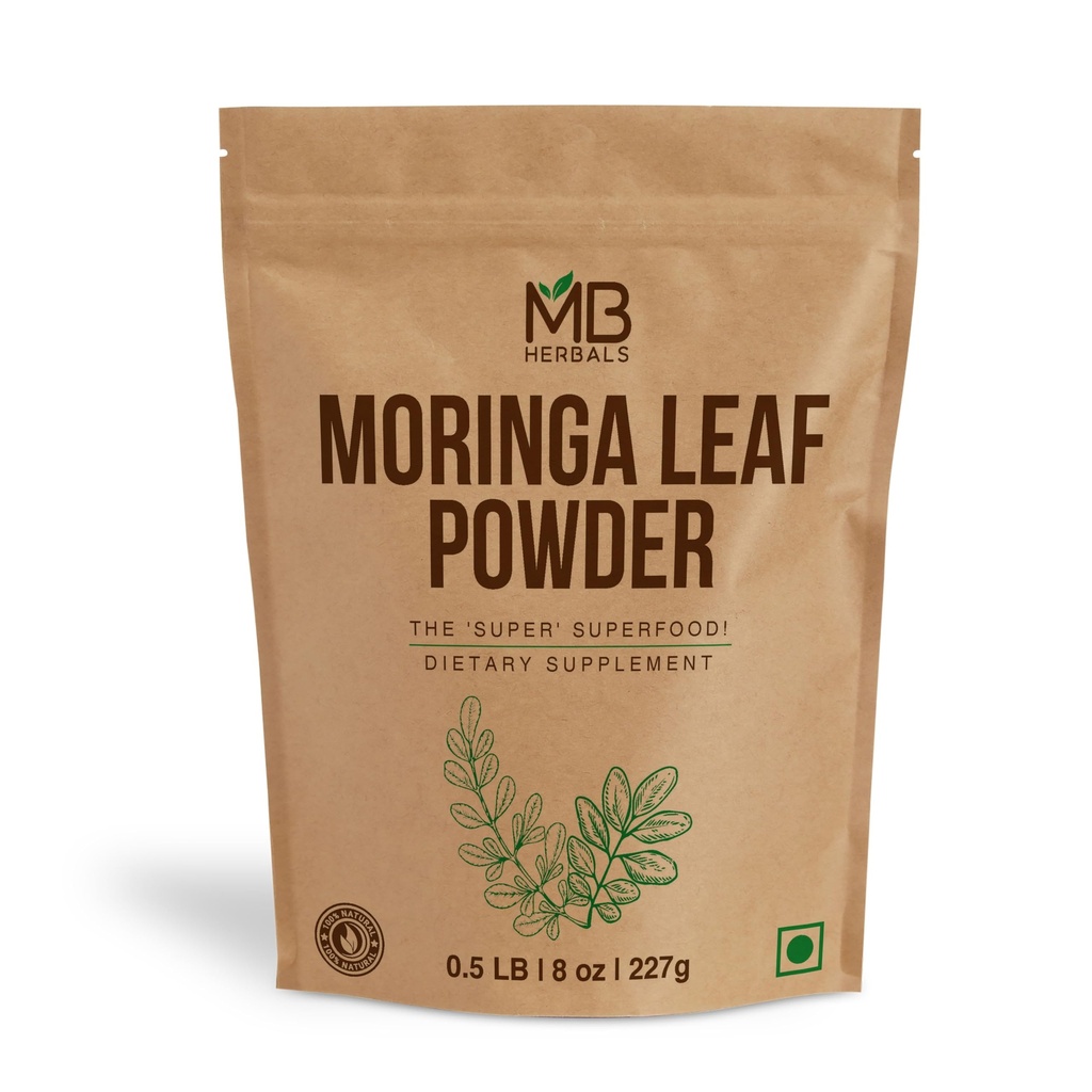 MB Herbals Moringa Leaf אבקת 8 oz (227g / 0.5 LB) | 100% אבקת Moringa טהורה; בקלות לערבב משקאות & Smoothies | No Preservatives