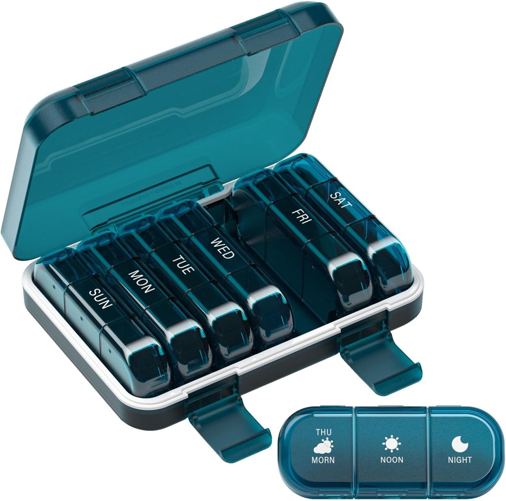 מארגנת גלולת גלולות שבועית 3 פעמים ביום, 7 Day Portable Pill Box for Pills, ויטמינים, שמן דגים, תרופות, תוספים (3x7 Blue)