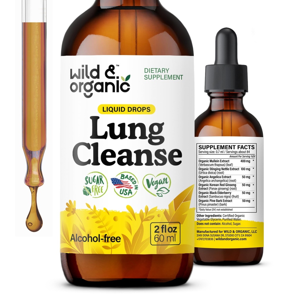 Wild & Organic Lungse Tincture - מולליין Leaf Extract for Lungs - Herbal Detox תוספים - טבעוני, סוכר ואלכוהול חינם מולליין טיפות - 2 fl oz