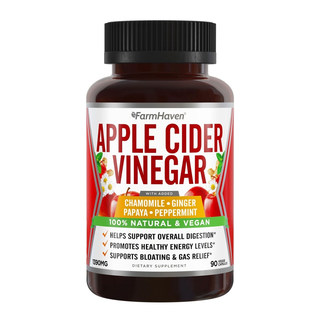 Apple Cider Vinegar כמוסות עם ג'ינג'ר, פאפאיה וצ'מומיל | 1390 מ"ג | שיפור העיכול, האנרגיה, האינטימיות | Soothes Gas & Bloating Issues