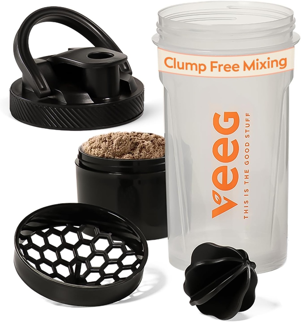 Veeg Shaker Bottles forחלבון Mixes, חלבון שקד בקבוק עם ערבוב כדור, מתח, תא אחסון. 24 oz חדר הלבשה בקבוק, Flip Top Lid, לשאת Handle. ללא BPA, Leak-הוכחה, Dishwasher בטוח.