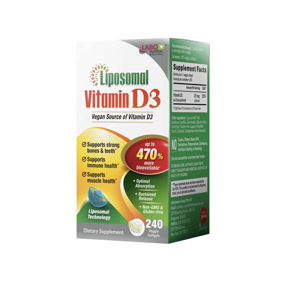 LABO Nutrition Liposomal ויטמין D3, עתיר טבעוני גבוה שמקורו ב- Optimal Absorption, Sustained Release, 470% Bioavailable, Boost Immunity, Bone & Brain Health, 240 ימים אספקה, non-GMO, Gluten Freeten Freeten Freeten