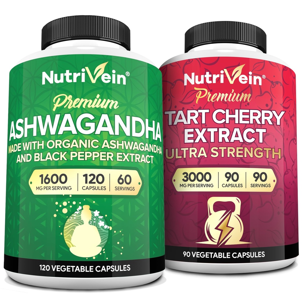 Nutrivein Premium Ashwagandha קפסולות & Tart Cherry קפסולות Bundle: High-Absorption Tart Cherry Extract and Ashwagandha תוספי עבור Recovery, Balance ו Vitality