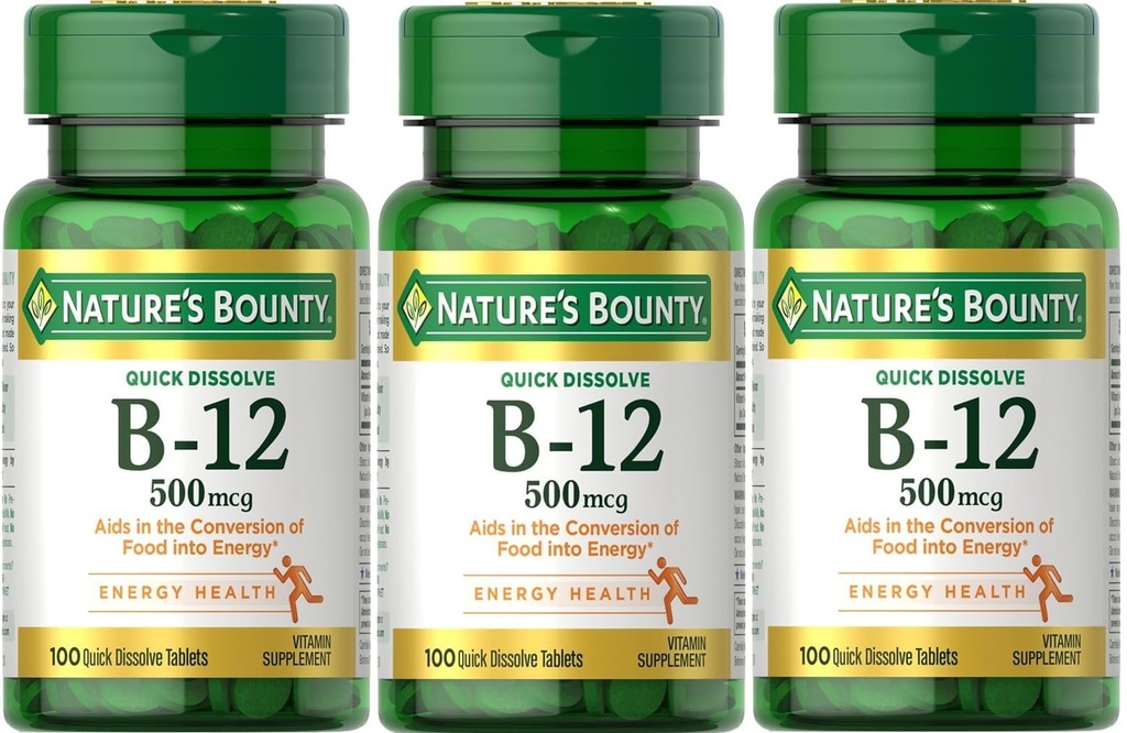 Nature's Bounty B-12 Quick Dissolve Tablet 500 מקג, 300 טבליות (3 X 100 ספירה בקבוקים)