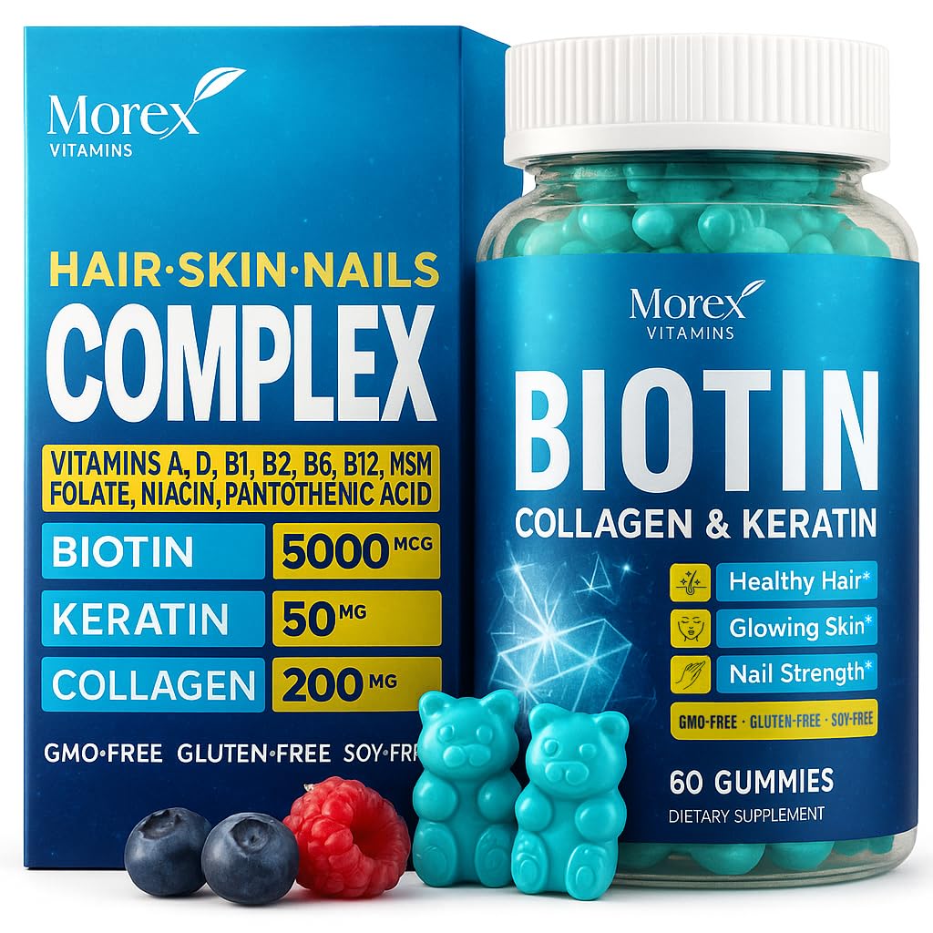 Biotin Collagen Keratin Gummies - Multivitamin טבעי לשיער, Skin & Nails עם ויטמין A, D, B7 - Anti Aging Collagen Gummy ויטמינים עבור גברים ונשים, שיער & גידול תוספי - 60 דמונים מסטיק דובים