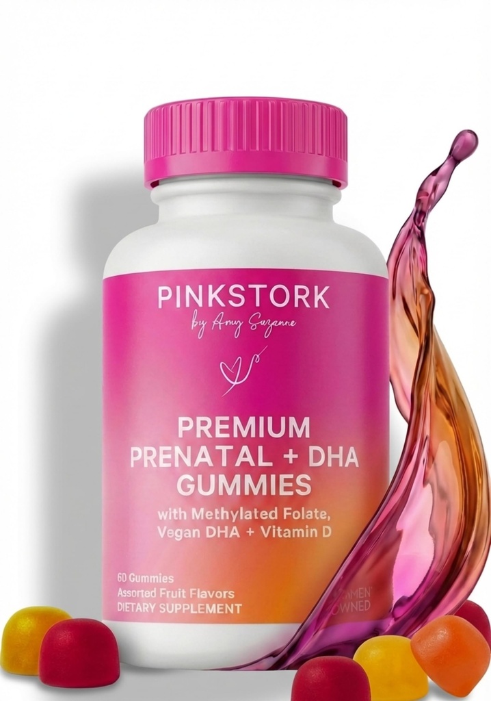 Pink Stork Premium Prenatal Gummy ויטמינים עם DHA, Folate, ווויטמין D - Multivitamin ו- Foodsent Bel for Neural Tube ו- Fetal Brain Development - הריון חייב להיות - 60 חניכיים טבעוניות