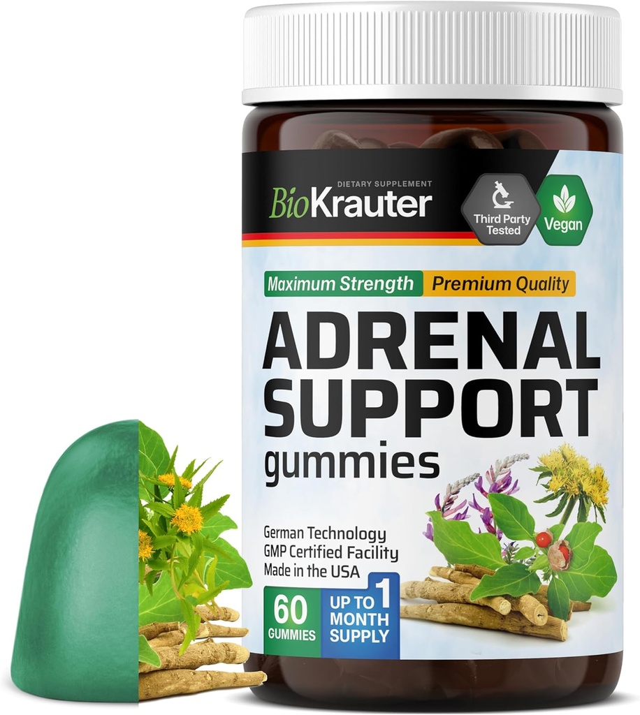 BIO KRAUTER Adrenal Support Gummies - 60 Chews - Rhodiola & Ashwagandha Gummies עם ויטמין C, B6, B12 - טבעונית תמיכה תוספת תוספת תוספת תוספת תוסף