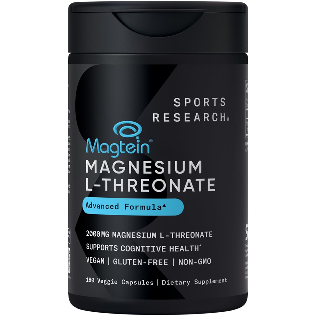 מחקר ספורט Magtein Magnesium L-Threonate קפסולות - תוסף מגנזיום לזיכרון, פוקוס וקוגניציה - Magnesium L Threonate תומך בבריאות המוח, שינה & Mood- 2000 מ"ג, 180 קפסולות למבוגרים