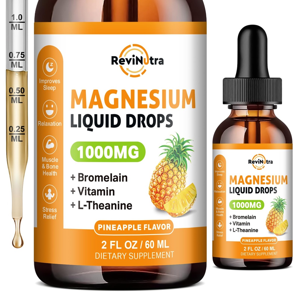 Magnesium Glycinate נוזל טיפות, 1000 מ"ג של תרכובת מגנזיום נוזלי עבור שינה, עצב, אנרגיה, שריר, העצם, Calm & Digestion, High Absorption, 2 Fl Oz, Sugar-Free Pineapple Flavor
