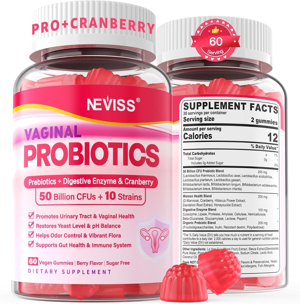 ויטמין Probiotics for Women PH Balance, Odor Control with Prebiotics, Cranberry, D-Mannose, מקדם את פלורה בריאה Feminine, Urinary Tract, Yeast, תמיכה עיכולית, סוכר חינם, 120Cts