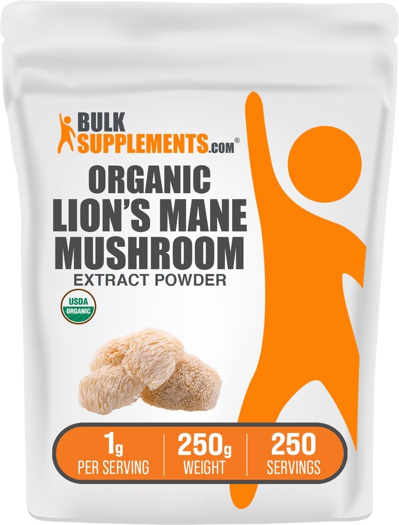 BulkSupplements.com Organic Lion's Mane Mushroom אבקה - Lions Mane תוספת אבקה, Superfood for Well-Being - טבעוני, 1g ל-250g (8.8 oz) (Pack of 1)