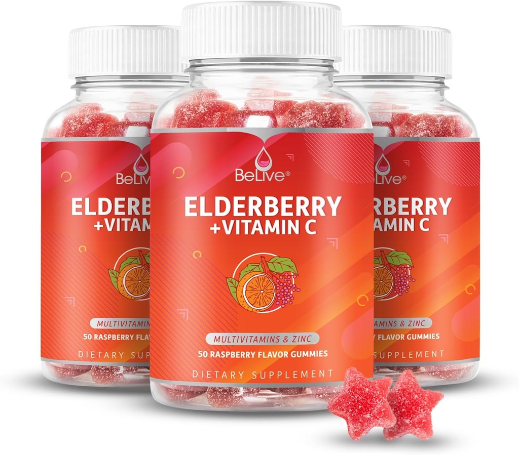 BeLive Elderberry חניכיים עם Zinc ו ויטמין C - Immune Support תוסף עם ויטמין D, A, E, B12 - חניכיים עבור עצמות בריאות ושיניים, טבעוני, Keto & non-GMO - Raspberry Flavor | 3Pack
