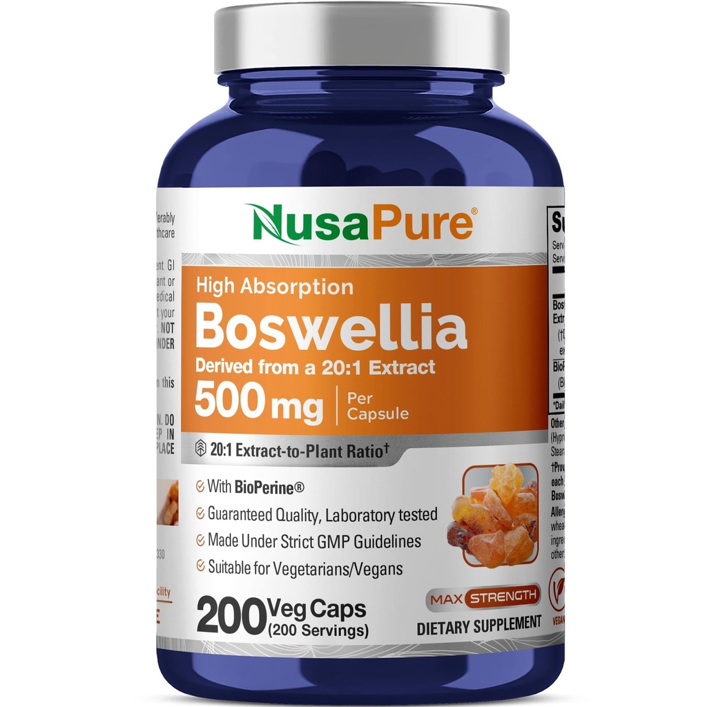 NusaPure Boswellia Serrata 10,000 מ"ג Per Veggie Caps 200 Count (Ext. 20:1, non-GMO, טבעוני, Bioperine) Ayurvedic Herb: Indian Olibanum, Frankincense