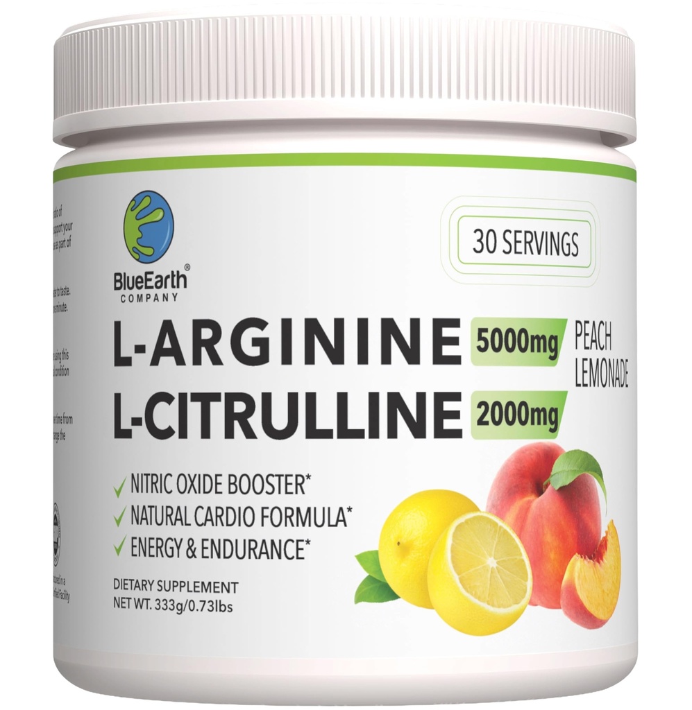 L-Arginine 5000mg + L-Citrulline 2000 מ"ג אבקת תוסף - Nitric Oxide Booster - Heart Health, Blood Flow, Energy & Endurance - 30 משרתים (Peach Lemonade)