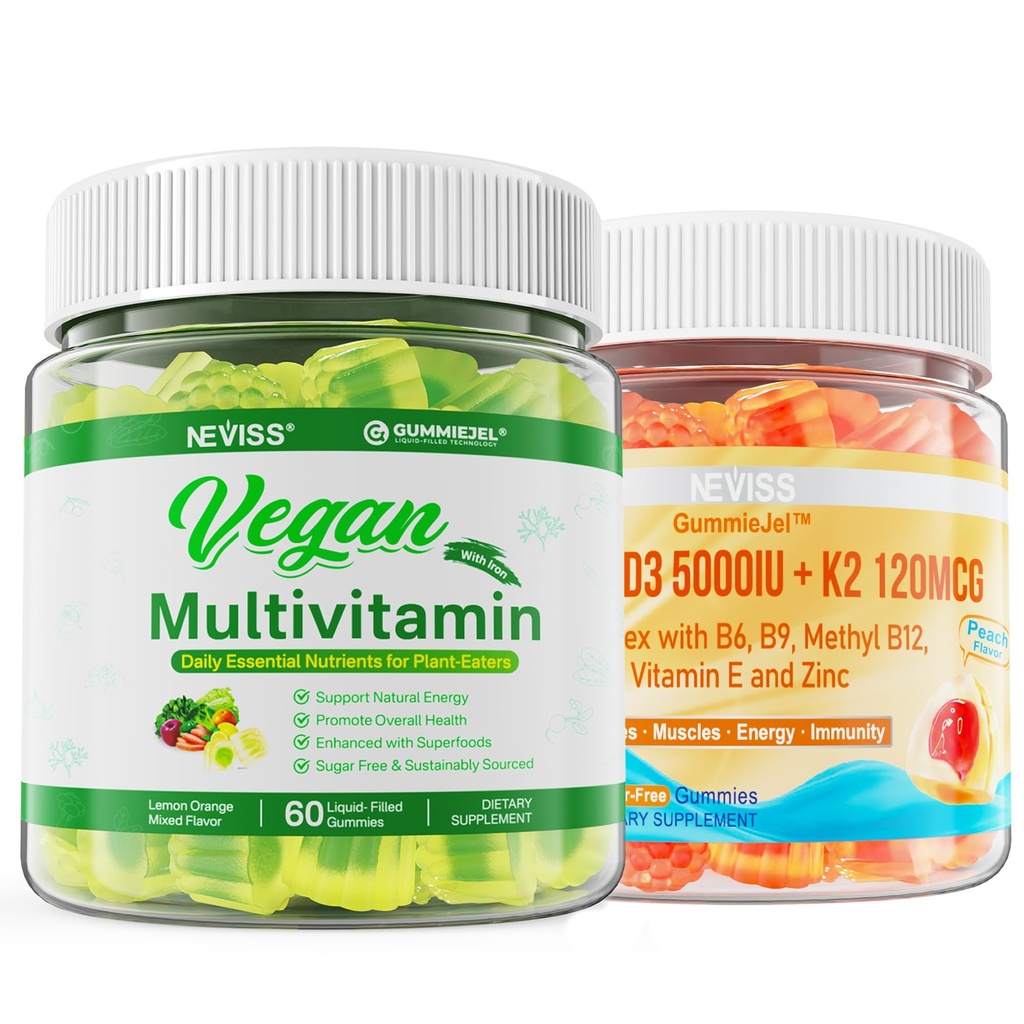 ויטמין D3 5000IU + K2 (MK-7) 120mcg עם טבעוני Multivitamin עבור נשים עם ברזל, ויטמין B12, A, D3, K2, Algae אומגה 3, Magnesium, Zincncamin עבור נשים עם ברזל, ויטמין B12, A, D3, K2, Algae אומגה 3, Magnesium, Zincium, Zinczenium.
