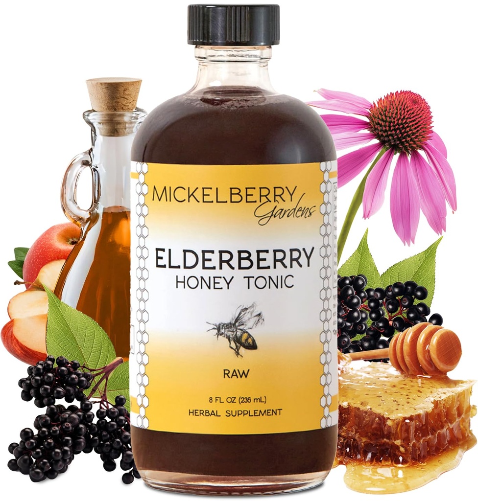 מיקאלברי Gardens Elderberry Honey Tonic, Sambucus Syrup, Black Elderberry - Immune Support for Adults and Kids (8 Ounces)