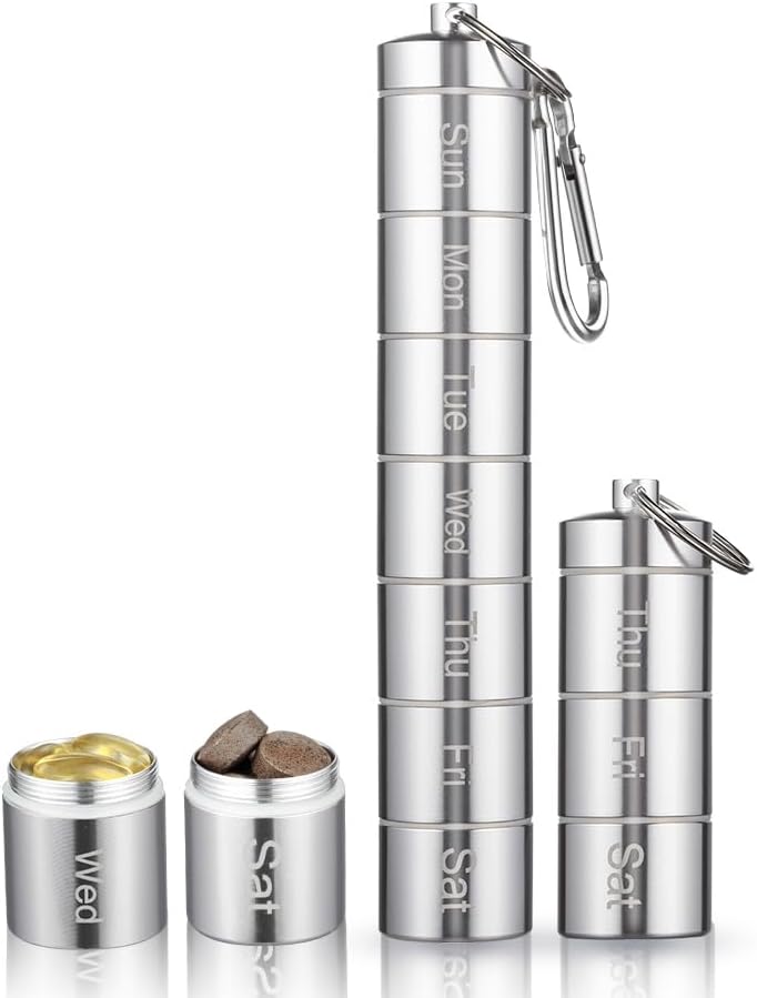 Metal Moisture הוכחה שבועית גלולות מארגנת 7 ימים ביום, אלומיניום עצום Alloy נסיעות חינם Hiking Pill Box Case מים הוכחה והשוואה גדולה כדי להחזיק גלולות, ויטמינים, שמן דגים, Supplemmmm