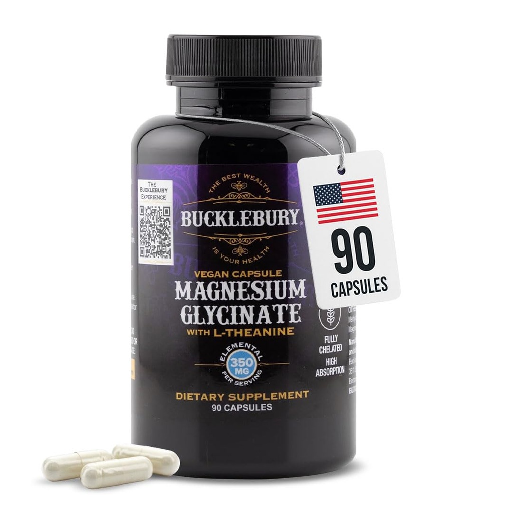 Bucklebury Magnesium Glycinate קפסולות עם L-theanine 350 מ"ג - פורמולה מתקדמת עבור הקלה מתח, שריר ועצמות תמיכה בריאות - מגנזיום Glycinate תוספי עבור נשים וגברים - ספירה טבעונית 90