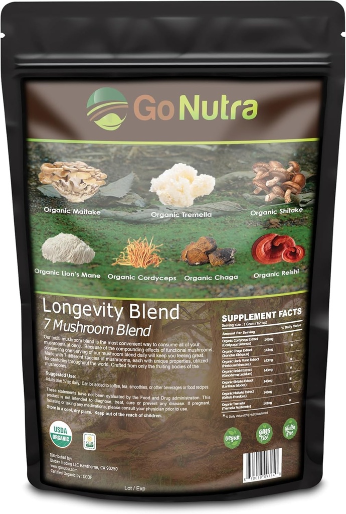 Go Nutra - אורגני 7 Mushroom תוסף, Longevity Mushroom אבקת עם אריה של אריה, Chaga, Shiitake, Maitake, Reishi, Tremella, ו Cordyceps Mushroom, non-GMO, Gluten-Free, טבעוני 8 oz, 8 oz