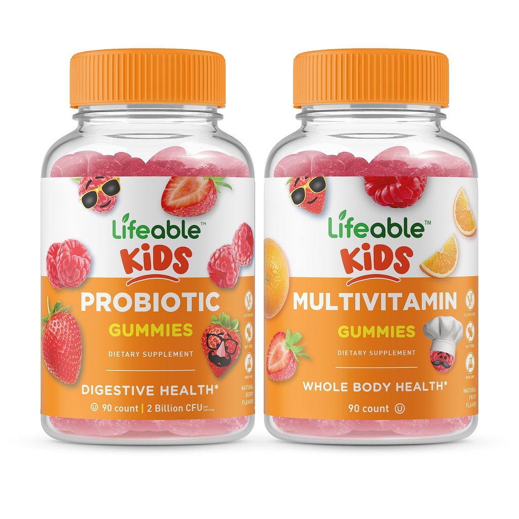 Lifeable Probiotic 2 Billion CFU Kids + Multivitamin Kids, Gummies Bundle - Great Tasting, Vitamin Supplement, Gluten Free, GMO Free, Chewable Gummy