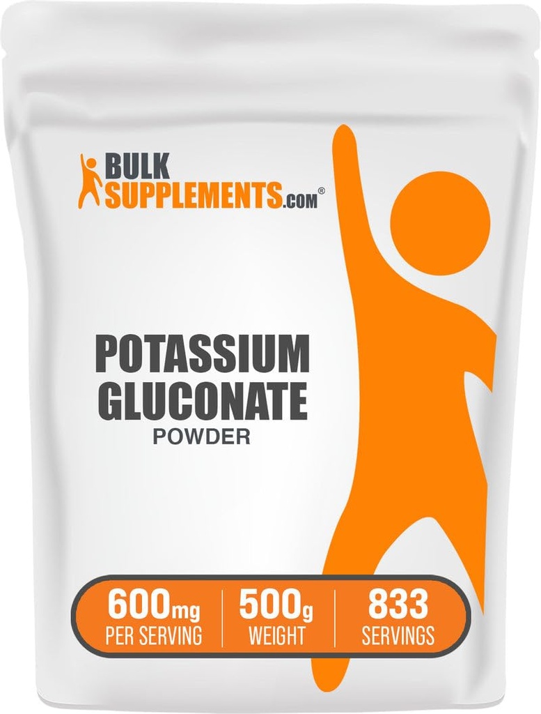 אבקת GlukSupplements.com Potassium Gluconate - עבור תמיכה בשיקום, תוסף מינרלים, Potassium 99mg - Gluten Free, 600 מ"ג לשרת, 500g (1.1 lbs) (Pack של 1)