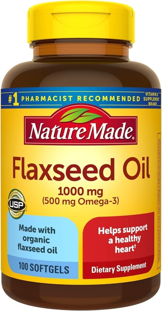 Nature Made Flaxseed Oil 1000 מ"ג, דגים חינם אומגה 3, תוספת תזונתית לתמיכה בבריאות הלב, 100 Softgels, 100 יום אספקה