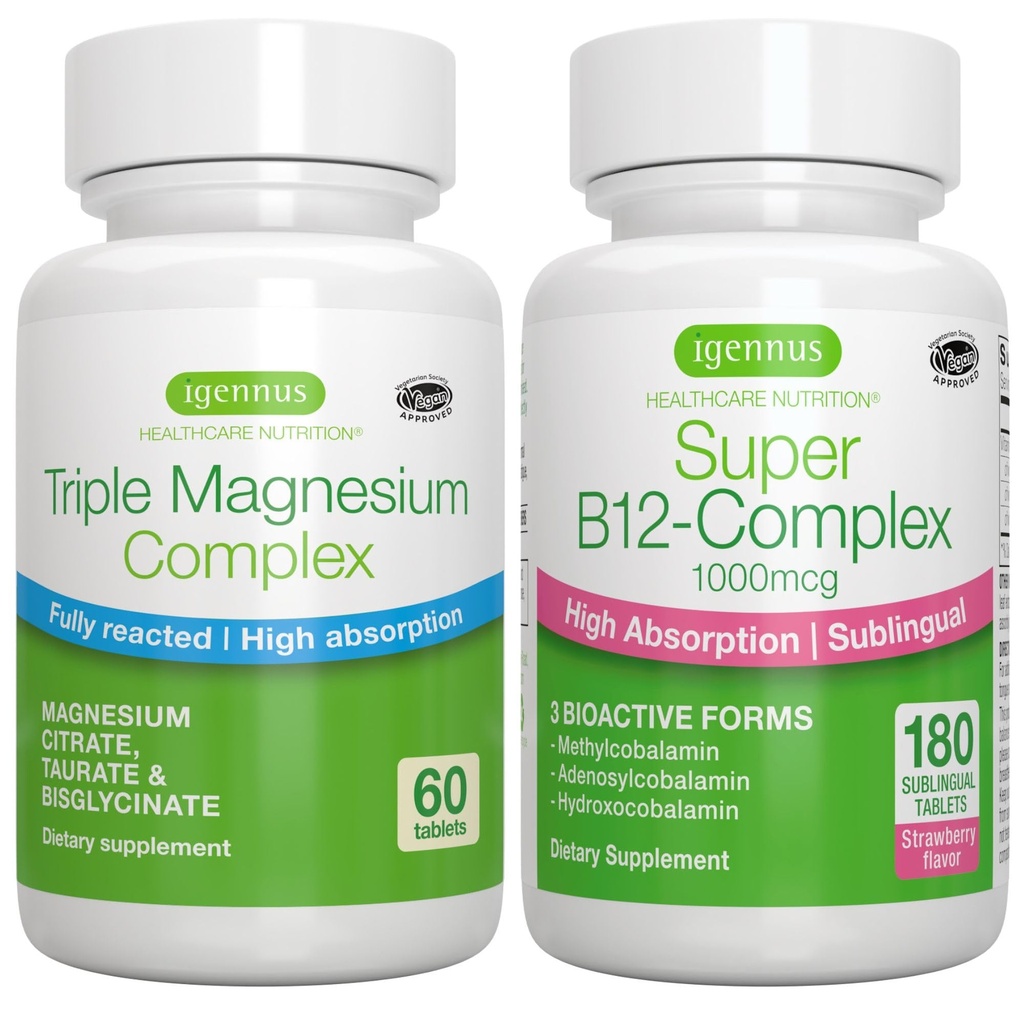 משולש Magnesium Complex + Super B12-Complex Energy Bundle, High Absorption Chelated Glycinate, Turate & Citrate Magnesium + High Absorption Sublingual B12, טבעוני על ידי Igennusssss.