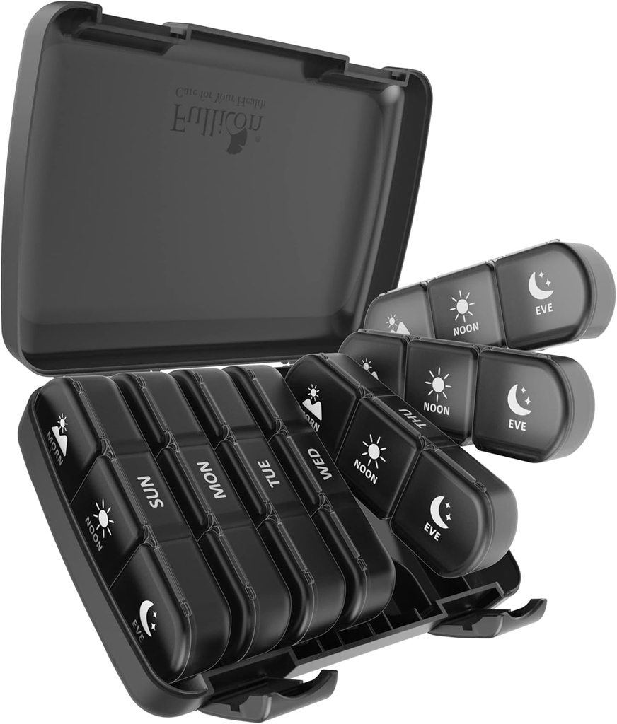 גלולת גלולות 3 פעמים ביום, Fullicon Large Weekly Pill Case 7 Day, Daily Pill Box with 21 השוואתיות, Pill Dispenser תוסף Holder for Pills/Vitamin/Fish Oil - שחור שחור