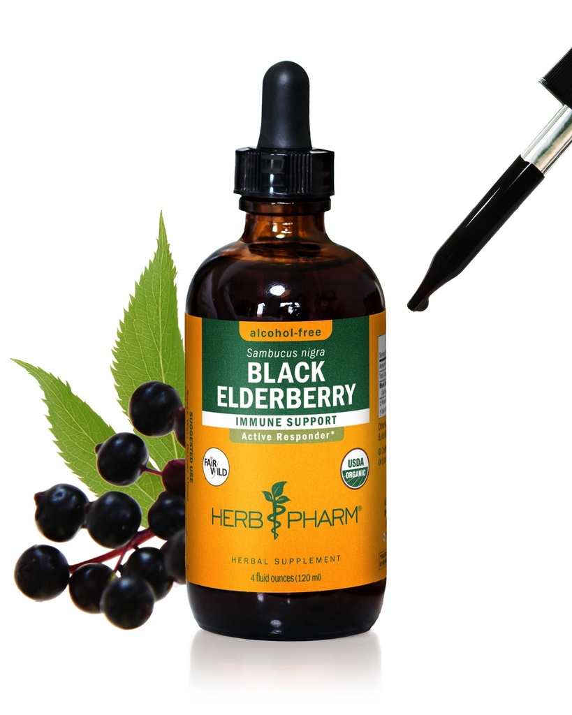 Herb Pharm מוסמך אורגני Black Elderberry לחלץ תמיכה במערכת החיסון, אלכוהול חינם Glycerite, 4 Ounce