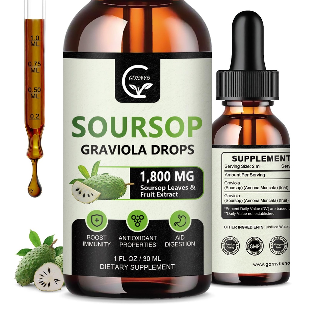 (2 Pack) Soursop Graviola נוזל טיפות 1800 מ"ג, 98% Absorption Soursop Bitters נוזל עבור תמיכה תאים והתחדשות, Immune Boost, להירגע, Liver ושינה, Herbal Goodness, Gluten Free, 1 Fl Oz Oz