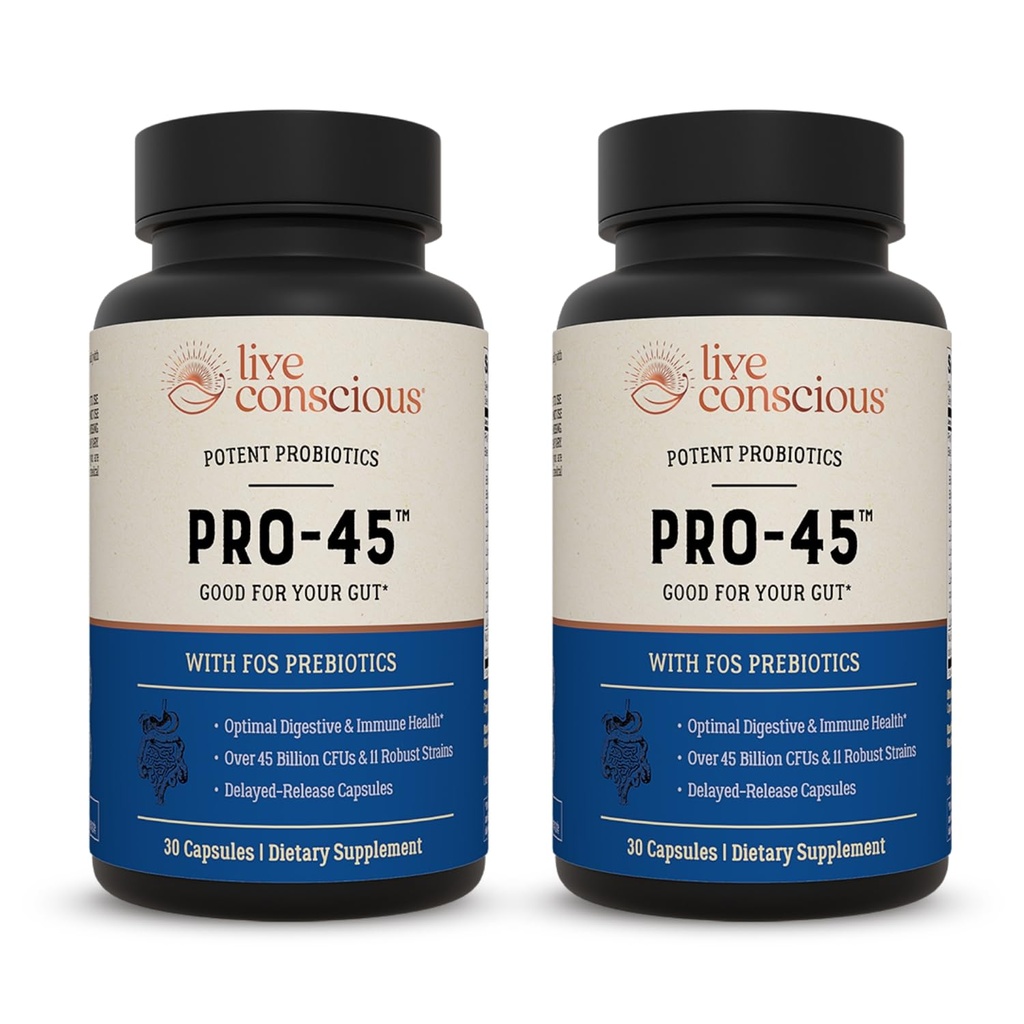 Live Conscious PRO45: Probiotic Formula, 45 מיליארד CFU, 11 זנים נרחבים. חלב חינם מקדם Immune and Digestive Health 60 קפסולות (2-Pack)