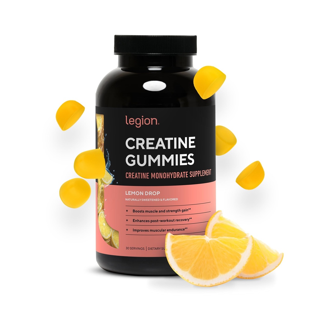 LEGION Creatine Monohydrate Gummies - תוסף קריאטין נקי לחוזק, אנדורנס ושיקום שרירים - 30 לימונד Drop Flavor משרתים - No Artificial Flavors or Sweeteners.