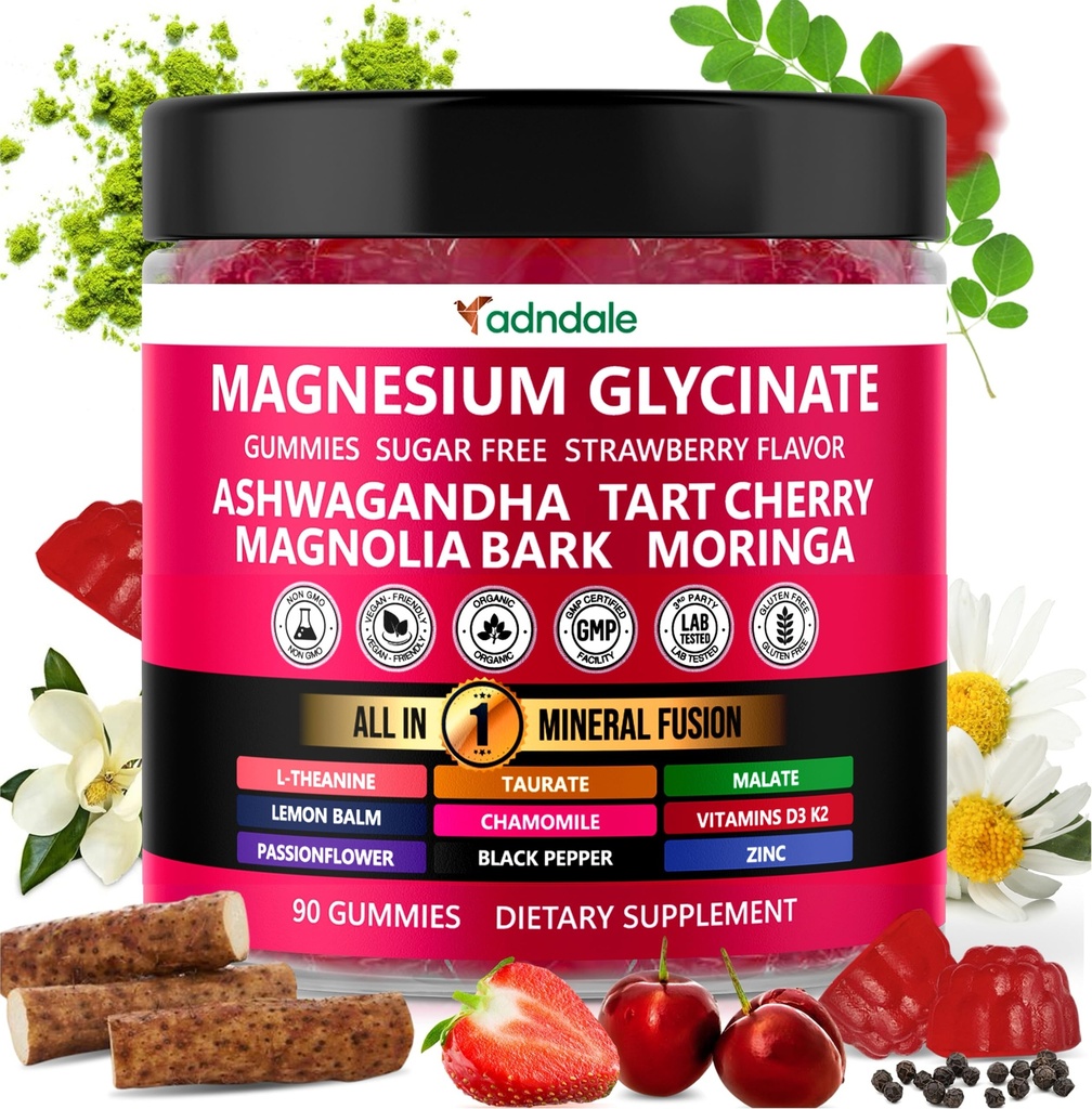 Adndale 90ct 15in-1 Magnesium Glycinate חניכיים 400 מ"ג /serv- עם Magnesium Malate, Ashwagandha, Tart Cherry, Magnolia Bark, לימון Balm, Passionflower, Chamomile, L-theanine, Zinc, K2 & D3