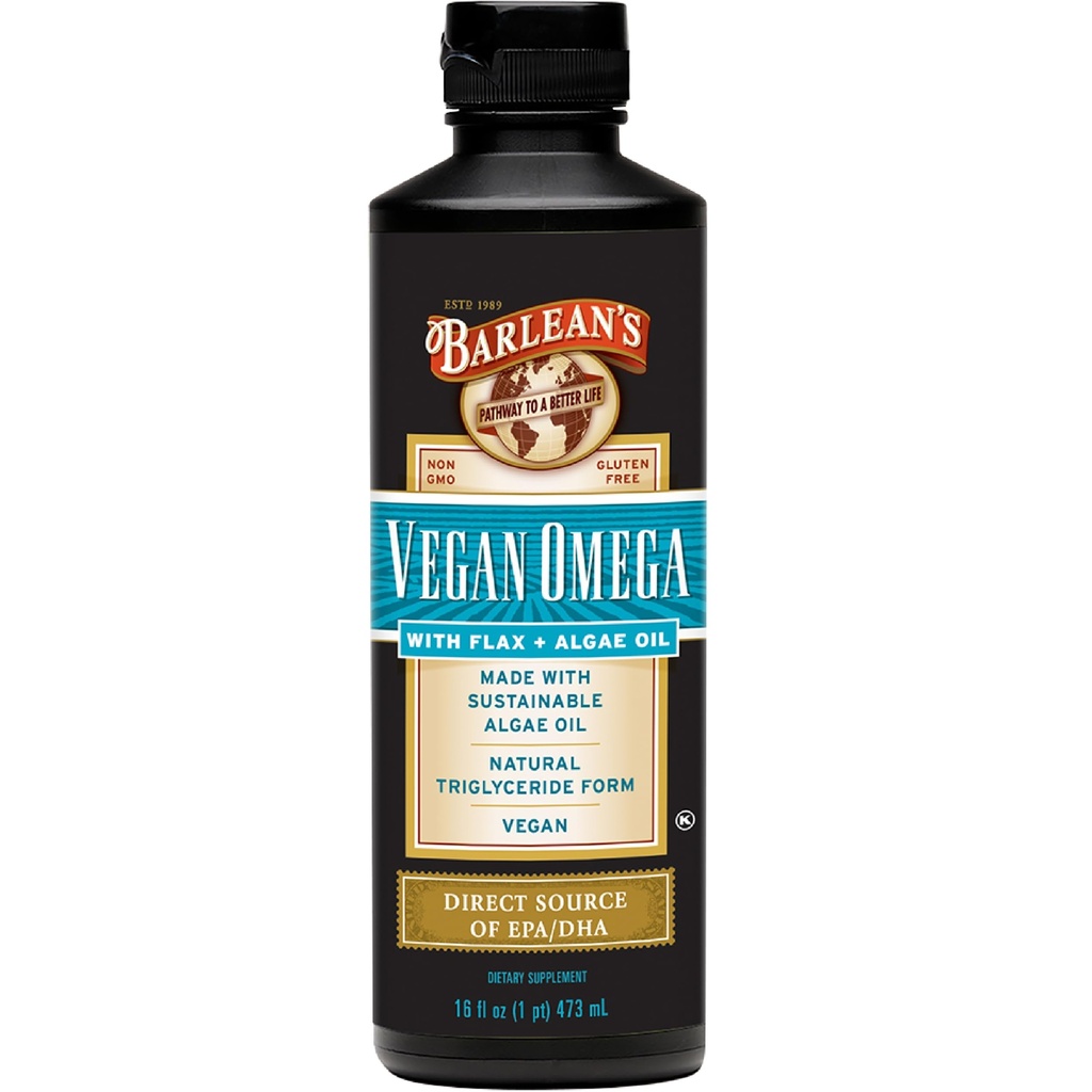 אומגה טבעונית של Barlean's אומגה נוזל Flax ו- Algae שמן צמחי מבוסס EPA DHA תוספת של שמן Algal ו- Organic Flaxseed, אומגה 3 6 ו 9 תוספי שומן Acids, 16 Ouncescess