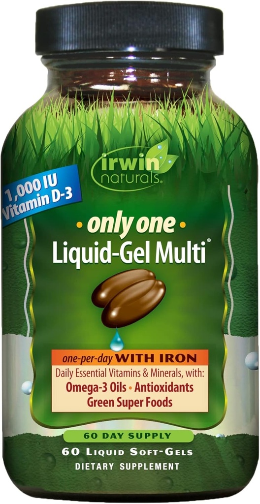 Irwin Naturals Only One Liquid-Gel Multi - 60 Softgels - One-Per-Day Multivitamin with Iron, אומגה 3 שמנים, אנטי-חמצן ומזון ירוק