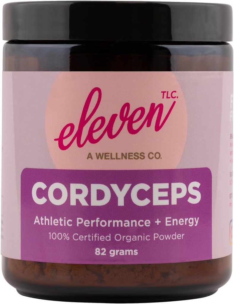 Eleven TLC - Cordyceps Mushroom אבקת Superfood,100% אורגני, ביצועים אתלטיים + אנרגיה, US Grown - 3rd Party Tested, GMO Free Non - Reactive Glass, משרתות