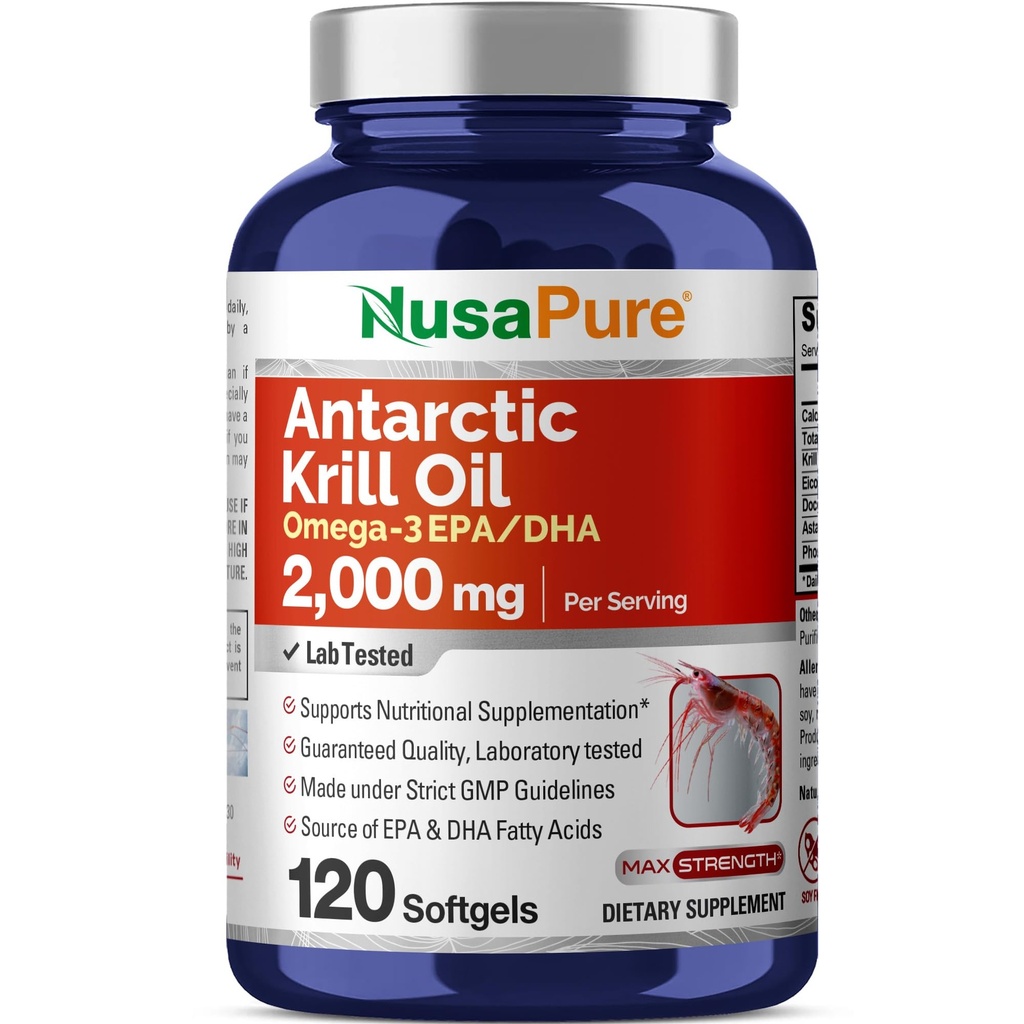 NusaPure אנטארקטיקה קריל שמן 2000 מ"ג 120 Softgels, אומגה 3 EPA 360 מ"ג, DHA 240 מ"ג, תוסף Soyfree Astaxanthin שמקורו קריל 800ppmm